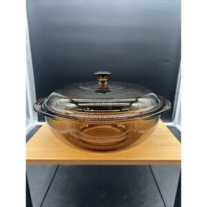 VTG Pyrex #024 2L Amber Brown Glass Round Baking Bowl Casserole Dish w/Lid